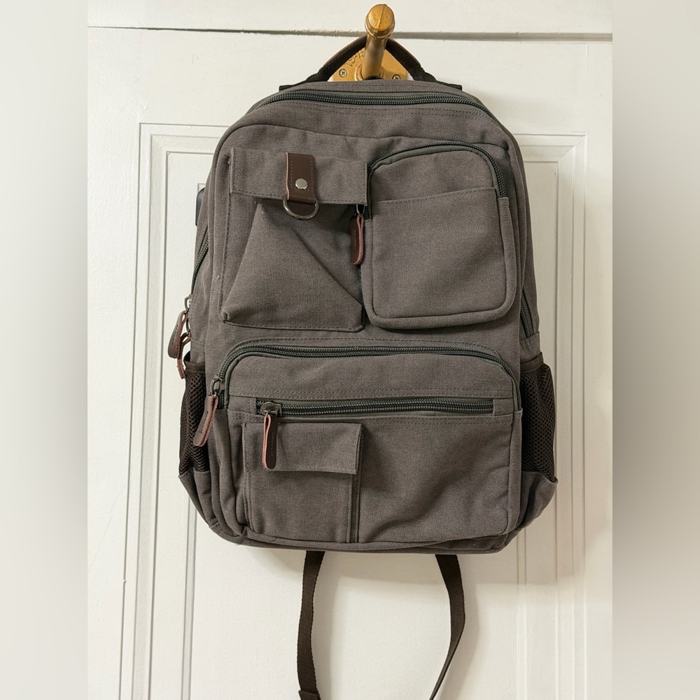 Gray Men's Backpack with leather trim like new
